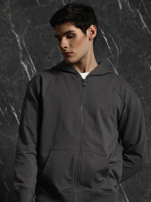Grey Solid Relaxed Fit Hoddie with zipper