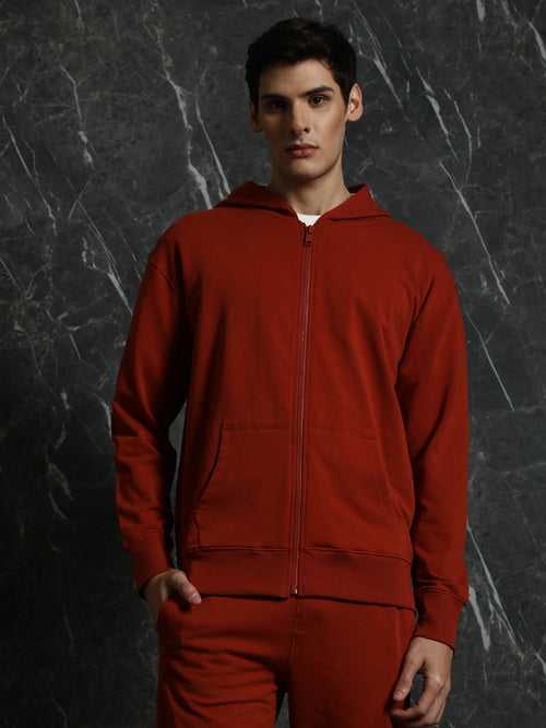 Rust Solid Relaxed Fit Hoddie with zipper