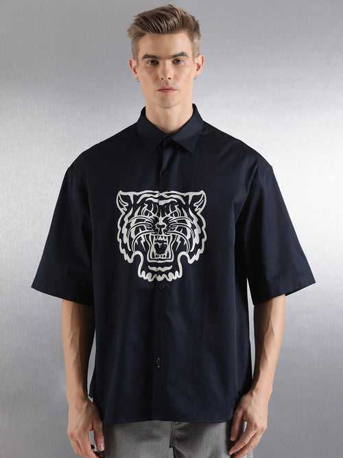 Navy Half Sleeve Tiger Pigment Print Shirt
