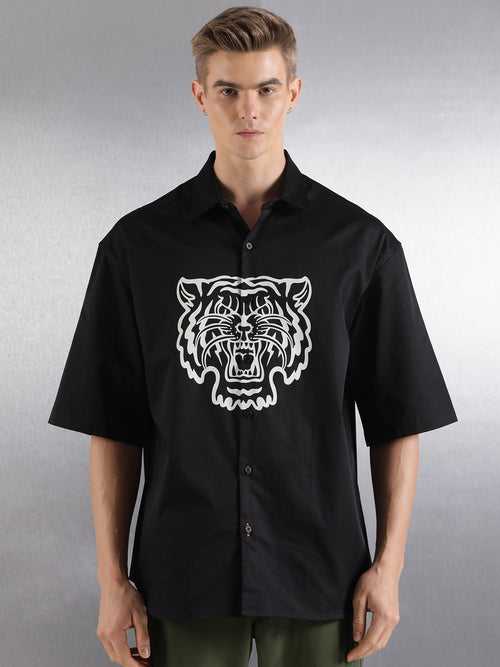 Black Half Sleeve Tiger Pigment Print Shirt