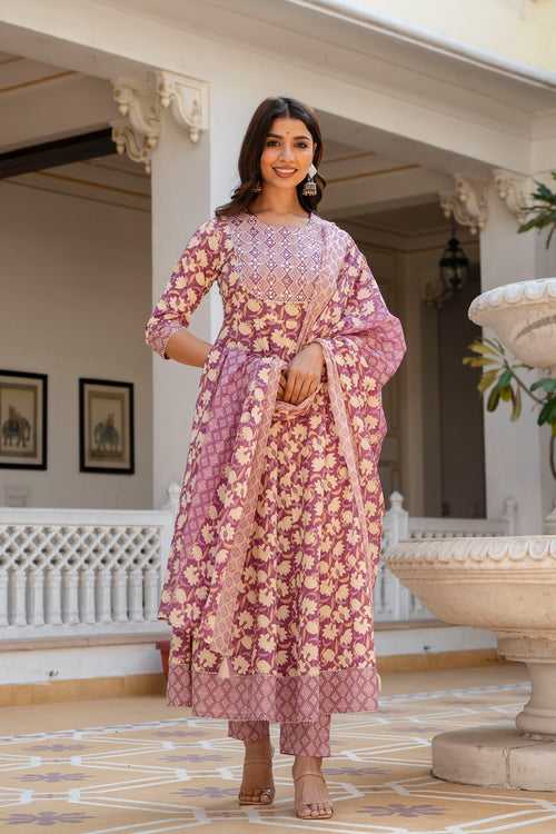 GUNJAN Lilac Cotton Anarkali Suit Set