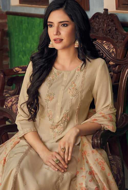 MARIYAM BEIGE KURTA PALLAZO SUIT SET WITH FLORAL ORGANZA DUPPATA