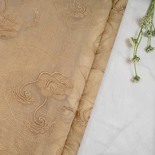 Beige Dyed All Over Pattern Thread Embroidered Chanderi Fabric