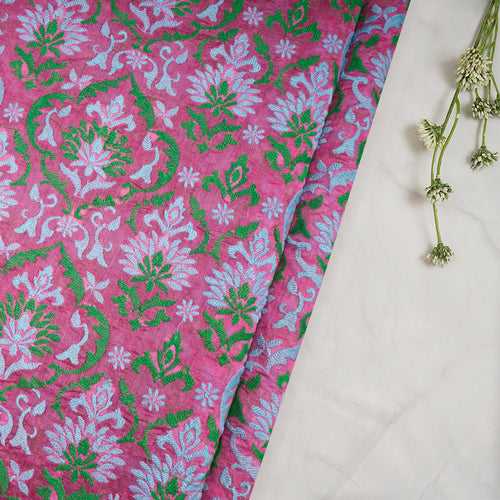 Pink Dyed All Over Pattern Thread Embroidered Chanderi Fabric