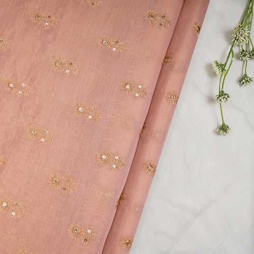 Pink-Gold Booti Pattern Thread & Sequin Embroidered Tissue Chanderi Fabric