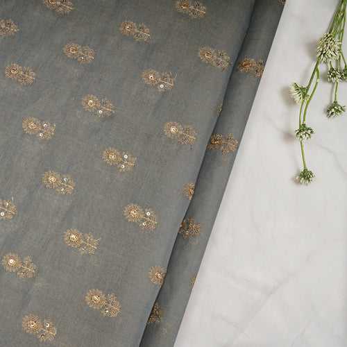 Grey-Gold Booti Pattern Thread & Sequin Embroidered Tissue Chanderi Fabric