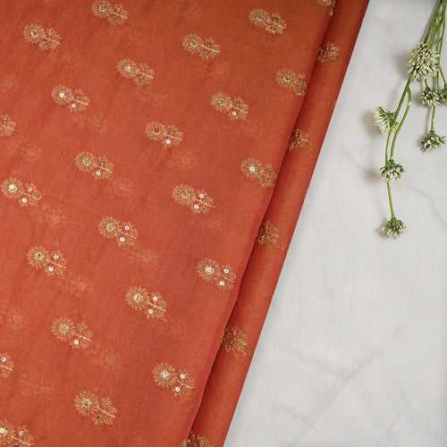 Red-Gold Booti Pattern Thread & Sequin Embroidered Tissue Chanderi Fabric