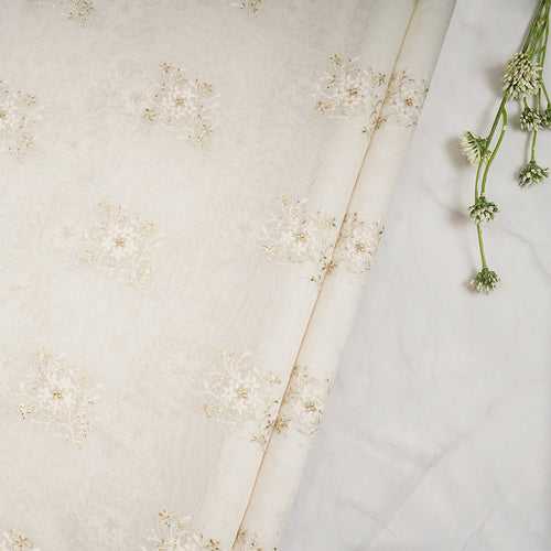 White Dyeable Motif Pattern Thread & Sequin Embroidered Chanderi Fabric