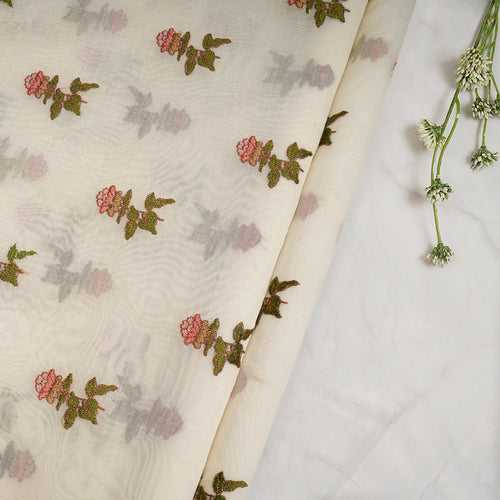 Off White Dyeable Motif Pattern Thread Embroidered Chanderi Fabric