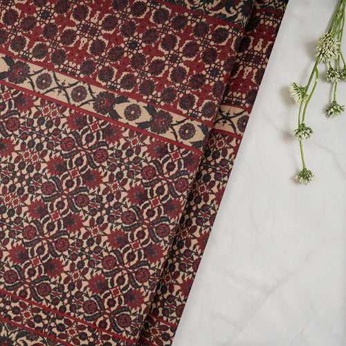 Beige Floral Pattern Digital Print Linen Silk Fabric