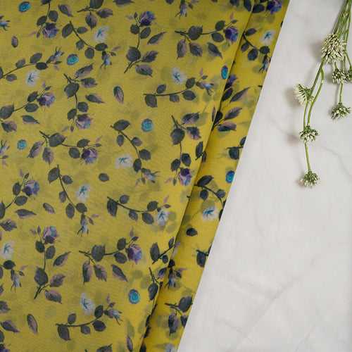 Yellow Floral Pattern Digital Print Wrinkle Cotton Fabric