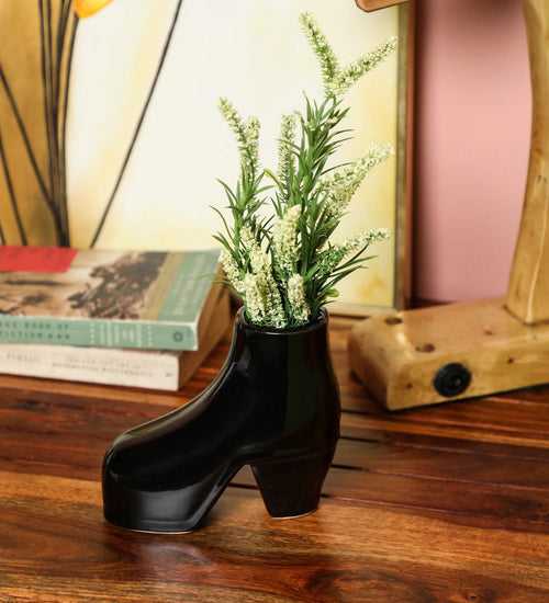 Glazed black ceramic shoe shaped planter pot