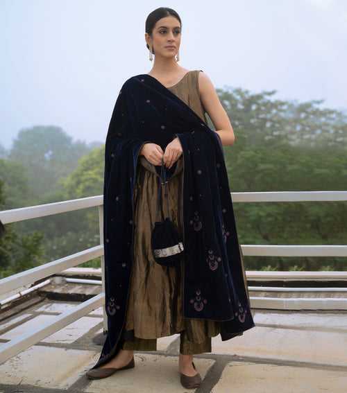 Navy Blue Hand Embroidered Velvet Dupatta