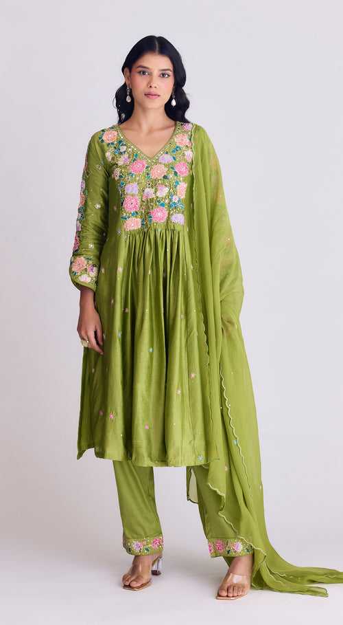 Green Embroidered Suit Set