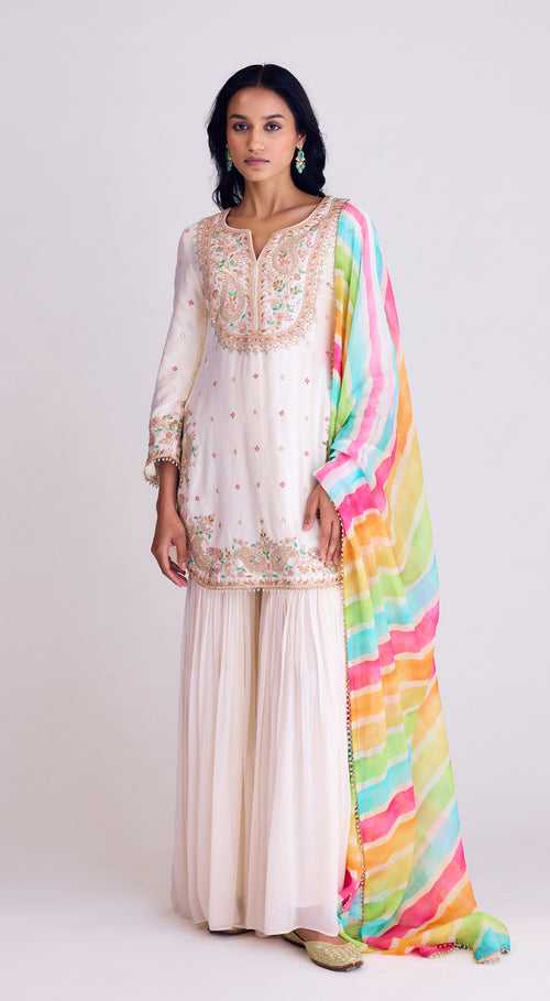 Ivory Sharara Set With Multicolored Dupatta