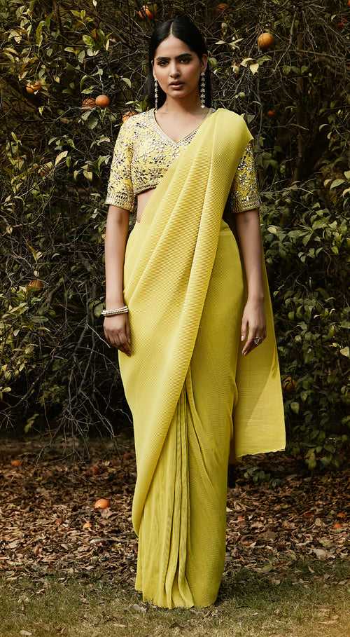 Lime Pre Draped Pleated Georgette Saree