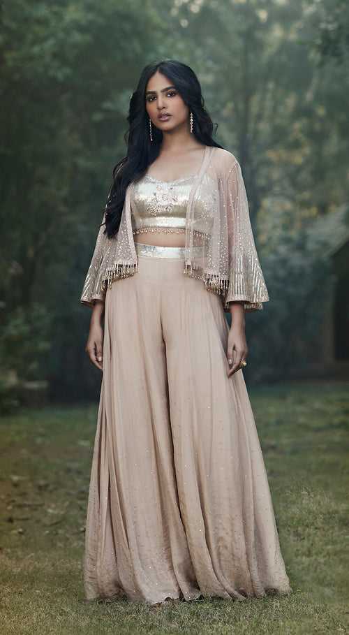 Peach Organza Cape & Sharara Set