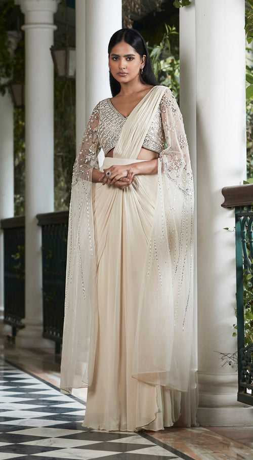 Ecru Pre Draped Embroidered Saree