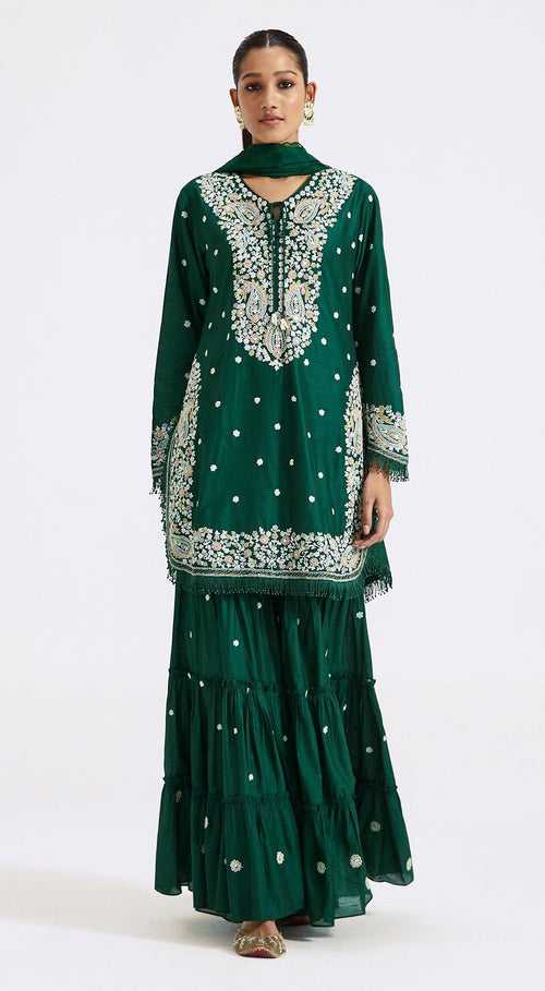 Bottle Green Embroidered Kurta And Sharara Set