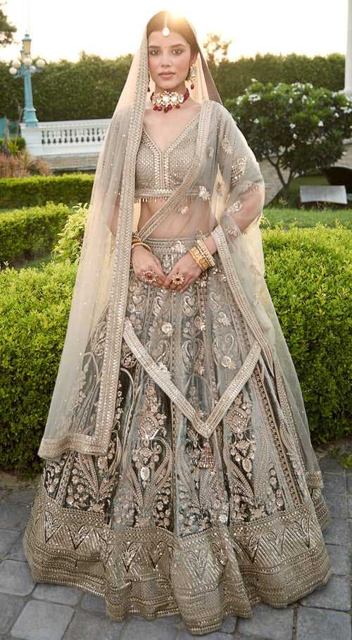 Grey Bridal Velvet Lehenga Set