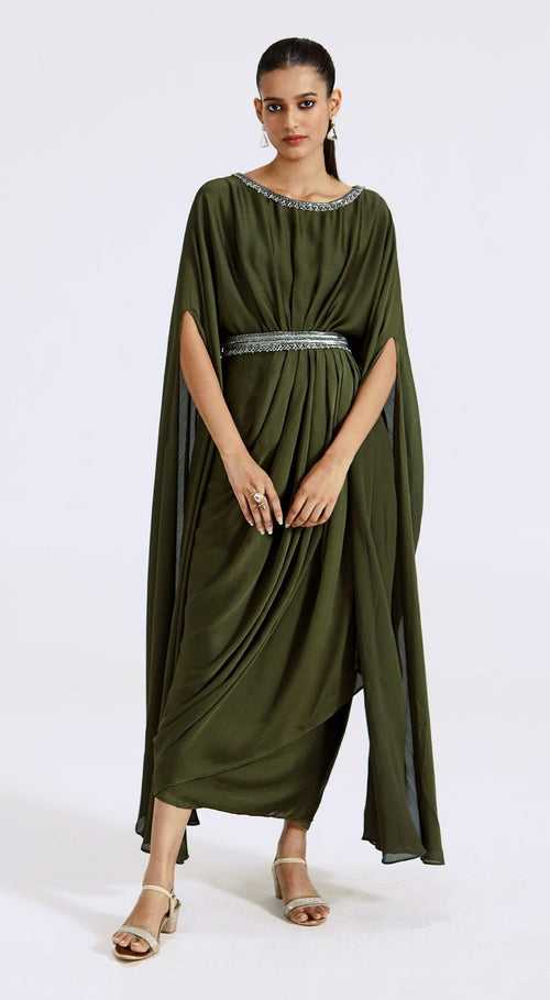 Moss Green Gown with Cape sleeves