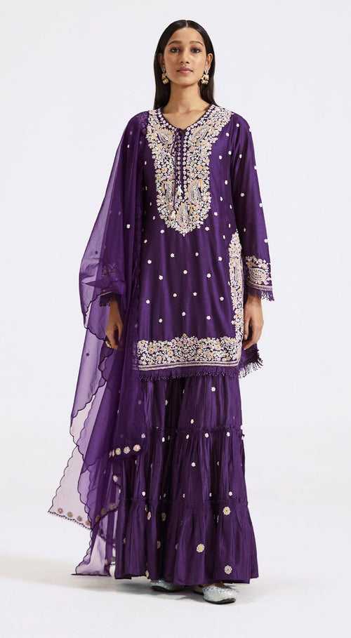 Purple Embroidered Kurta And Sharara Set