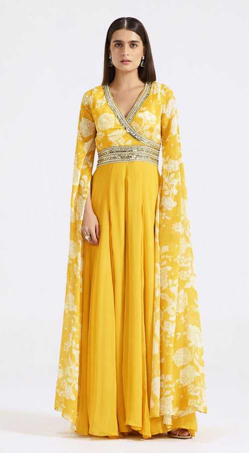 Yellow Jumpsuit with Cape Sleeves