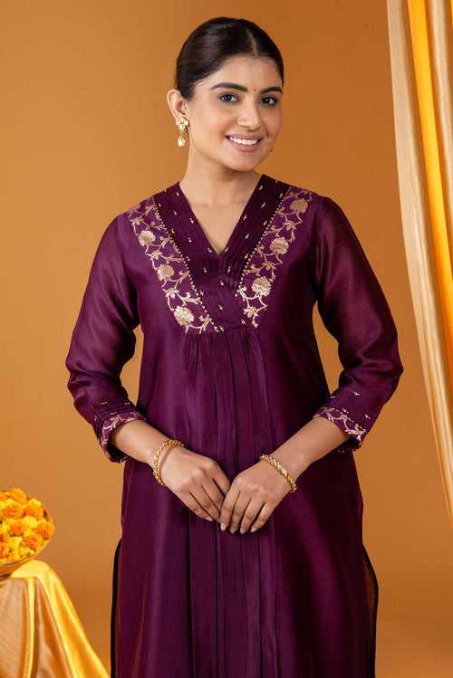 Wine And Gold Pleated Chanderi Kurta