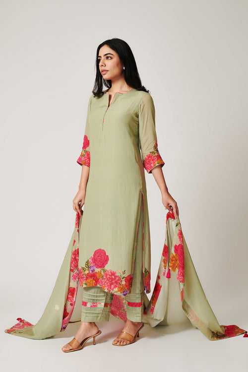 Azalea Sage Green Kurta Palazzo-Set of 3