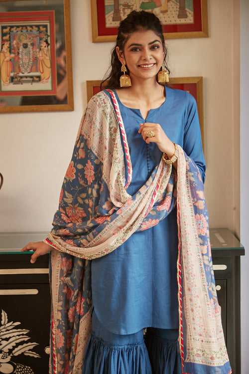 Blue short kurta with Sharara and Printed Dupatta- set of 3