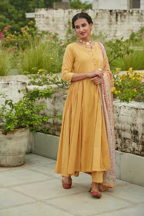 Yellow side gathered Anarkali with Palazzo and Printed Dupatta- set of 3