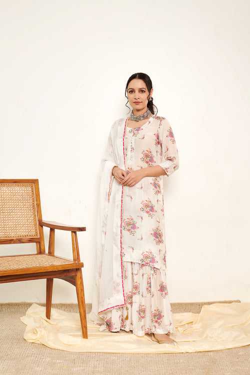 Bahaar White Printed Short kurta with Sharara and Dupatta- Set of 3