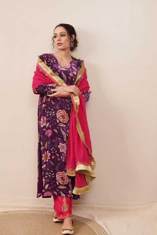 Naveli Purple Velvet Printed Kurta with Rani Pink Palazzo and Dupatta- set of 3