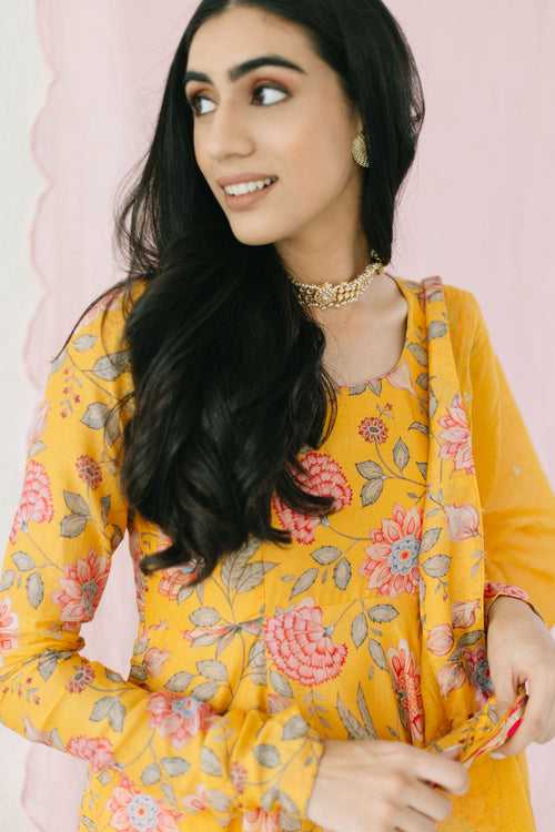 Bright Yellow printed Anarkali with Chooridar and Dupatta- set of 3