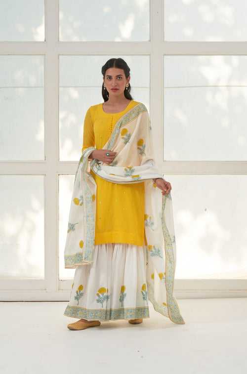 Yellow Mukaish Cotton Kurta With Marigold Block Printed Sharara- Set Of 3