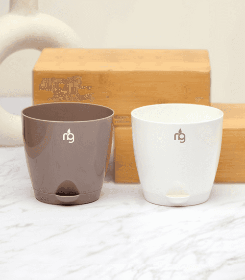 Set of 2 Self Watering 4 Inch Plastic Pots (White & Mocha)
