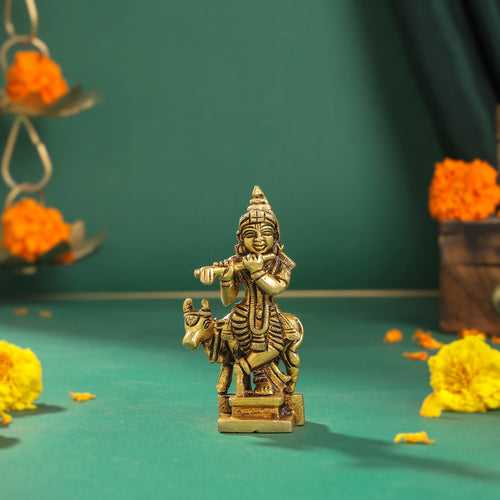 Brass Krishna With Cow Idol (4 Inch)