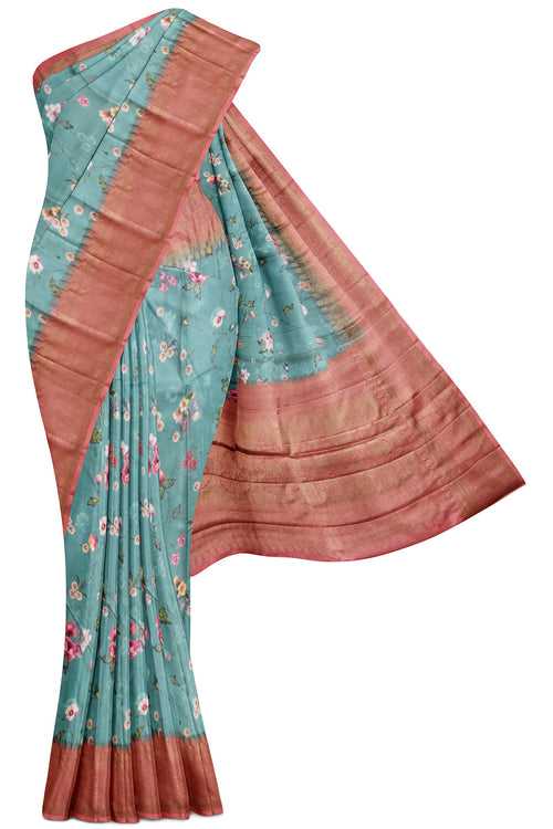 Sea Blue Tussar Silk Saree