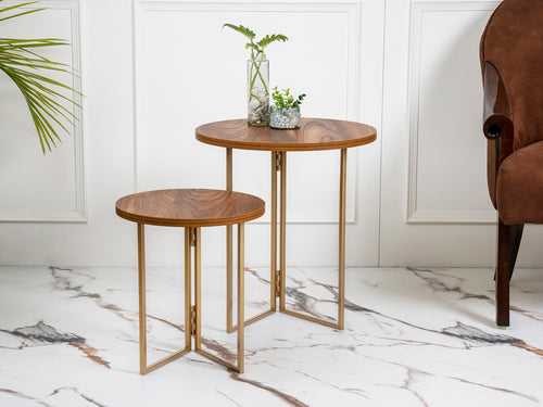 Teak Hues Round Oblique Nesting Tables, Side Tables, Wooden Tables, Living Room Decor by A Tiny Mistake
