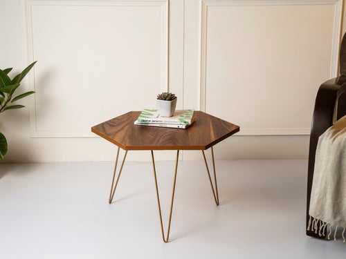 Teak Hues Hexagon Small Coffee Tables, Wooden Tables, Coffee Tables, Center Tables, Living Room Decor by A Tiny Mistake
