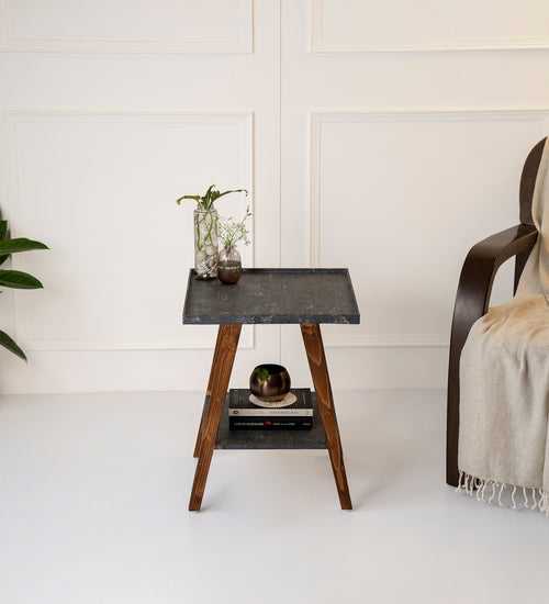 Transcendent Tinge Dark Blue Trapezium Incline Table, Side Table, Wooden End Table, Living Room Decor