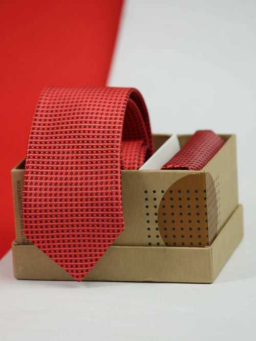 Red Geometric Skinny Necktie & Pocket Square Giftset