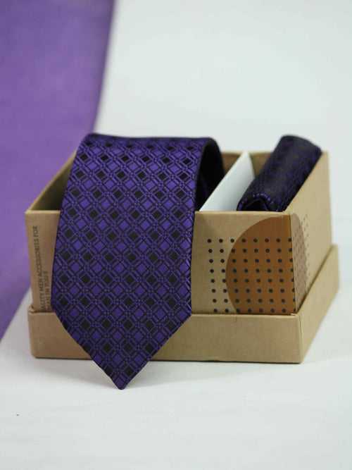Purple Geometric Skinny Necktie & Pocket Square Giftset
