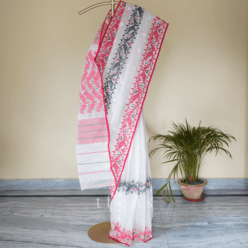 White and Black with Red Three Border Dhakai Jamdani