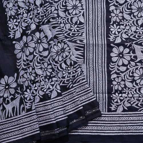 Black Hand-embroidered Kantha on Silk