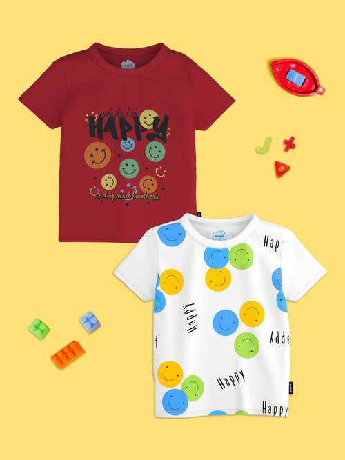 Boys Maroon-White Smiley Print Round Neck Pure Cotton Tshirt (Pack of 2)