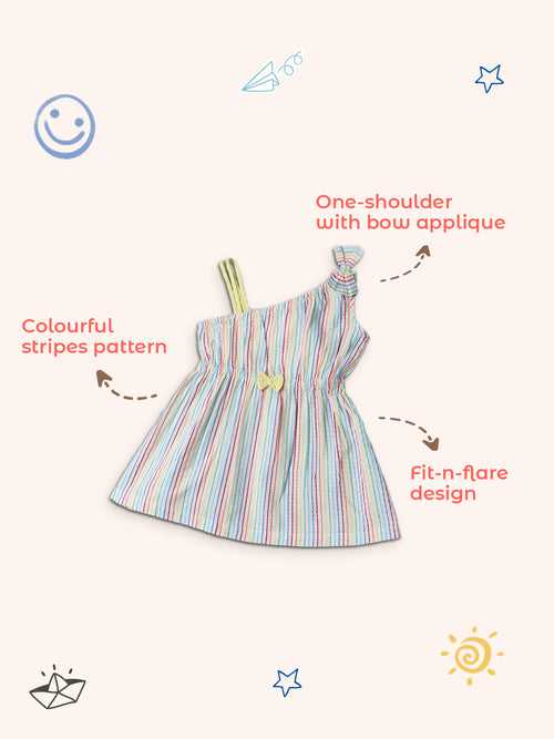 Nauti Nati Girls Multicoloured Striped One Shoulder Cotton Dress
