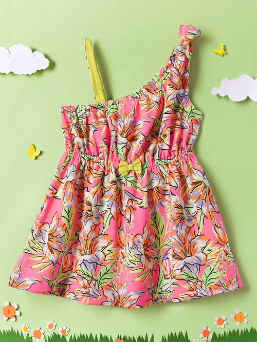 Nauti Nati Infant Girls Floral Print One Shoulder Crepe Fit  Flare Dress