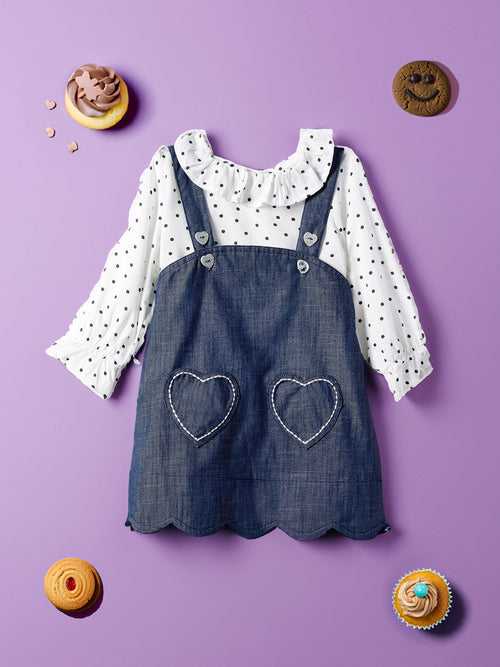Nauti Nati Infant Girls Pure Cotton Pinafore Dress With Polka Dots Printed Ruffled Top