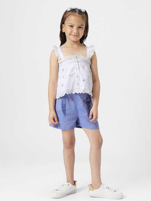 Girls White-Blue Schiffli Embroidered Square Neck A-Line Pure Cotton Top With Frilled Shorts